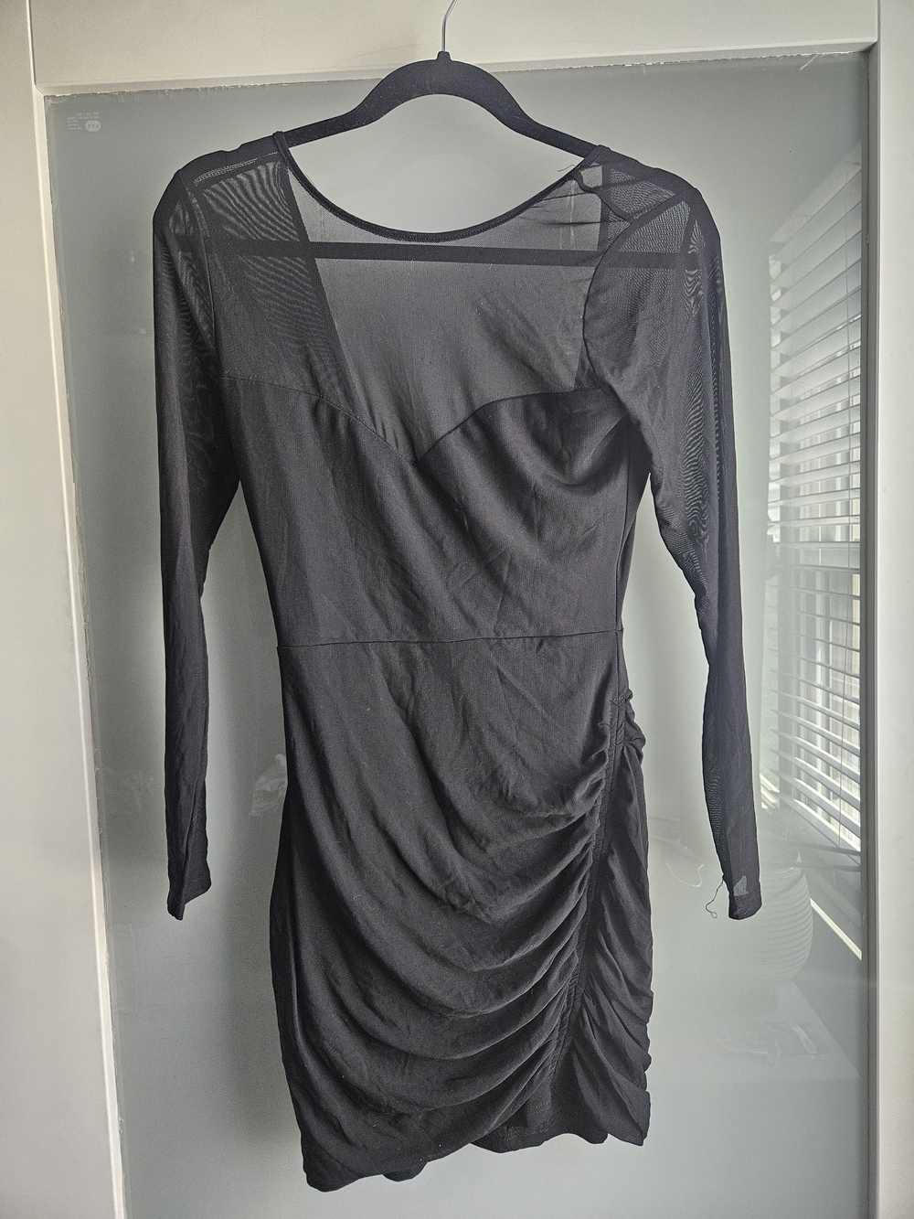 Windsor Black Long-Sleeve Ruched Mesh Bodycon Dress